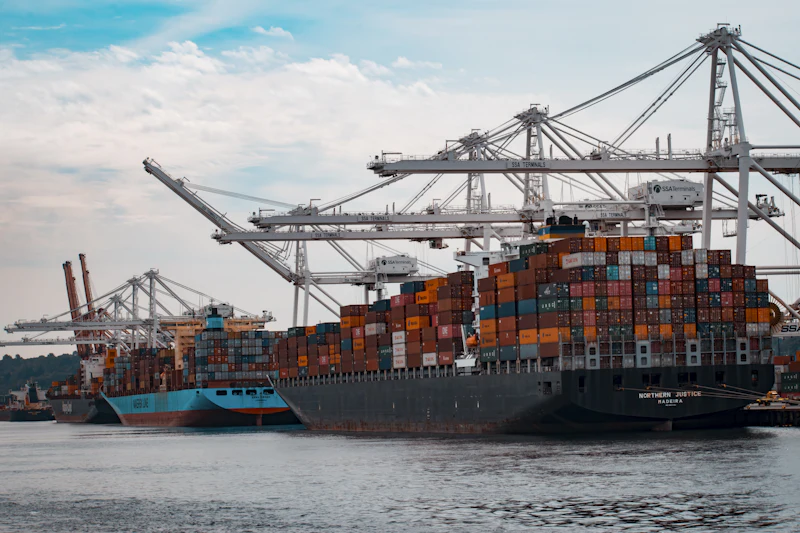 A container ship docked at a cargo terminal beneath gantry cranes